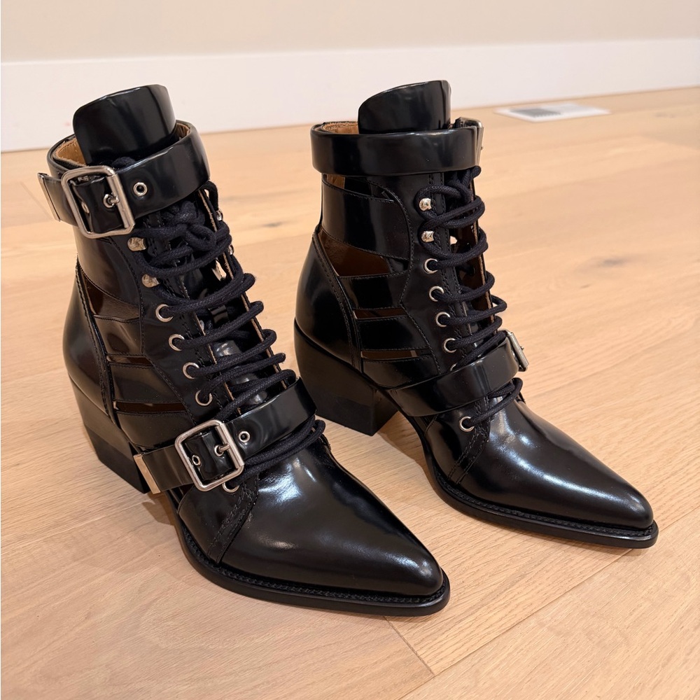 Chloe Black Patent Lace-Up Boots